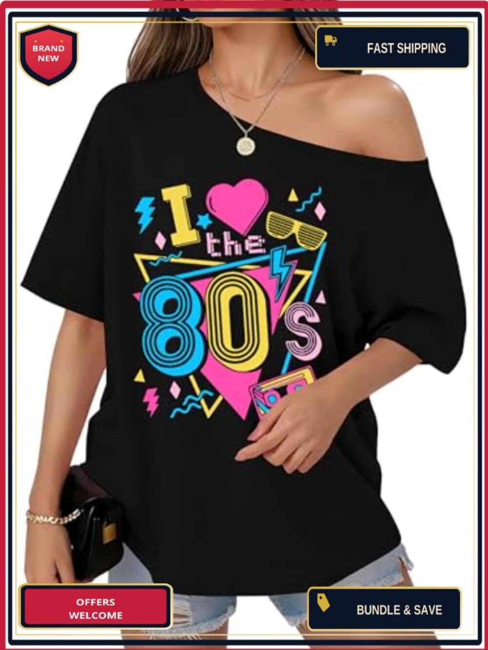 Women's Oversized Off Shoulder 80s 90s Retro Party T-Shirt